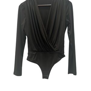 LYANER Women Black Long Sleeve Bodysuit Surplice Wrap Stretch Top Size L